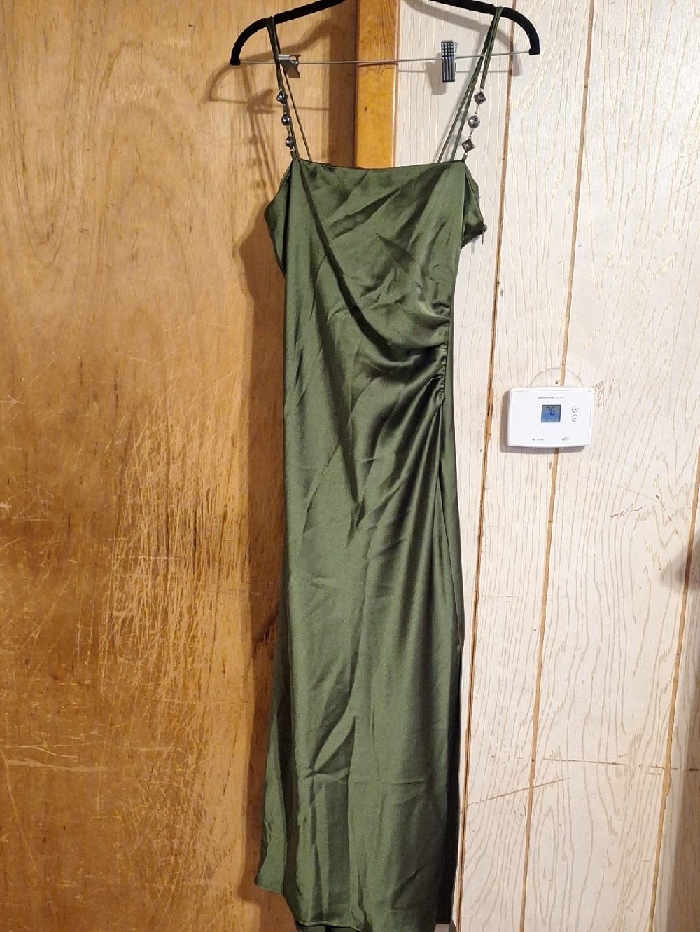Zara Olive Satin Slip Maxi Dress with Beaded Straps